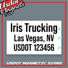 Load image into Gallery viewer, Trucking or Transport Truck Door Magnet Magnetic Sign With USDOT Number & City, State Location (Set of 2)