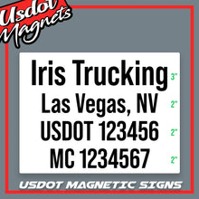 Load image into Gallery viewer, Trucking or Transport Truck Door Magnet Magnetic Sign With USDOT, MC Number & City, State Location (Set of 2)