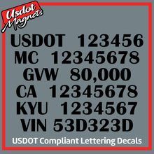 Load image into Gallery viewer, USDOT, MC, GVW, CA, KYU & VIN Number Sticker Decal Lettering (Set of 2)