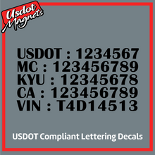 Load image into Gallery viewer, USDOT, MC, KYU, CA & VIN Number Decal Lettering Sticker (Set of 2)