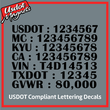 Load image into Gallery viewer, USDOT, MC, KYU, CA, VIN, TXDOT & GVWR Number Decal Lettering Sticker (Set of 2)