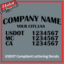 Load image into Gallery viewer, Company Name with USDOT, MC & CA Number Sticker Decal Lettering (Set of 2)