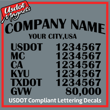 Load image into Gallery viewer, Arched Company Name with USDOT, MC, CA, KYU, TXDOT & GVW Lettering Decal Sticker (Set of 2)