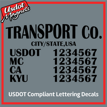 Load image into Gallery viewer, Arched Transport Name with USDOT, MC, CA & KYU Number Decal Lettering (Set of 2)