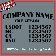 Load image into Gallery viewer, Arched Company Name with USDOT, MC, CA & KYU Lettering Decal Sticker (Set of 2)