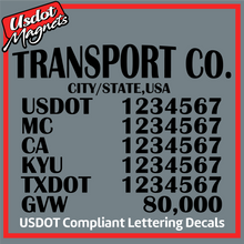 Load image into Gallery viewer, Transport Name with USDOT, MC, CA, KYU, TXDOT & GVW Number Decal Lettering (Set of 2)
