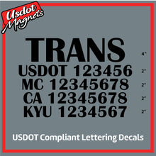 Load image into Gallery viewer, Transport Company Name with USDOT, MC, CA & KYU Number Decal Lettering (Set of 2)