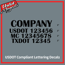 Load image into Gallery viewer, Company Name with USDOT, MC & TXDOT Number Decal Lettering (Set of 2)