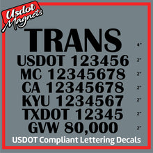Load image into Gallery viewer, Transport Name with USDOT, MC, CA, KYU, TXDOT & GVW Number Sticker Decal (Set of 2)