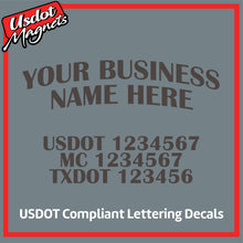 Load image into Gallery viewer, Arched Business Name with USDOT, MC & TXDOT Number Decal Lettering (Set of 2)