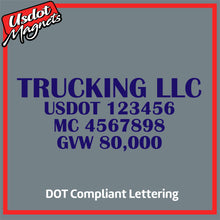 Load image into Gallery viewer, Trucking Business Name with USDOT, MC & GVW Lettering Sticker Decal (Set of 2)