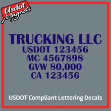 Load image into Gallery viewer, Trucking Business Name with US DOT, MC, GVW & CA Lettering Decal (Set of 2)