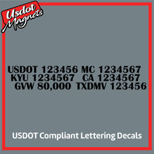 Load image into Gallery viewer, USDOT, MC, KYU, CA, GVW & TXDMV Number Sticker Decal Lettering (Set of 2)