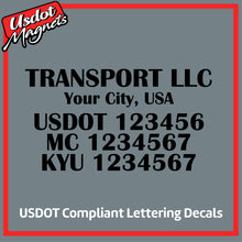 Load image into Gallery viewer, Transport Name with City, USDOT, MC & KYU Number Decal Lettering (Set of 2)