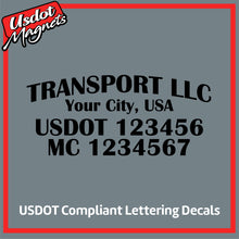Load image into Gallery viewer, Arched Transport Name with City, USDOT & MC Vinyl Lettering Decal (Set of 2)