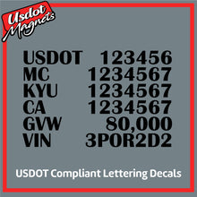 Load image into Gallery viewer, USDOT, MC, KYU, CA, GVW & VIN Number Decal Lettering (Set of 2)