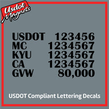 Load image into Gallery viewer, USDOT, MC, KYU, CA & GVW Number Sticker Decal (Set of 2)
