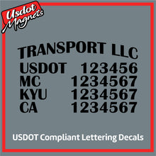 Load image into Gallery viewer, Arched Transport Name with USDOT, MC, KYU & CA Number Decal Lettering (Set of 2)