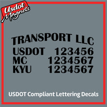 Load image into Gallery viewer, Arched Transport Name with USDOT, MC & KYU Number Lettering (Set of 2)