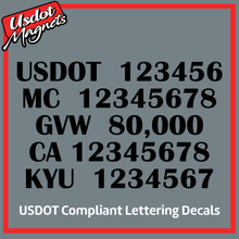 Load image into Gallery viewer, USDOT, MC, GVW, CA &amp; KYU Number Decal Lettering Sticker (Set of 2)
