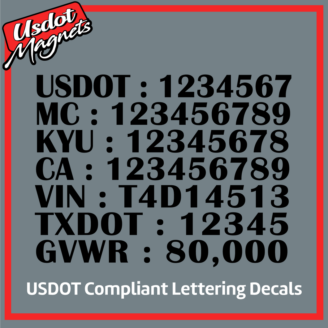 USDOT, MC, KYU, CA, VIN, TXDOT & GVWR Number Decal Lettering Sticker (Set of 2)