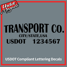 Load image into Gallery viewer, Arched Transport Name with City &amp; USDOT Number Decal Sticker (Set of 2)
