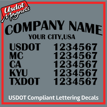 Load image into Gallery viewer, Arched Company Name with USDOT, MC, CA, KYU &amp; TXDOT Number Sticker Decal (Set of 2)
