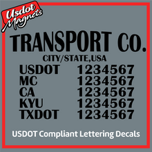 Load image into Gallery viewer, Transport Name with USDOT, MC, CA, KYU &amp; TXDOT Number Lettering Decal (Set of 2)
