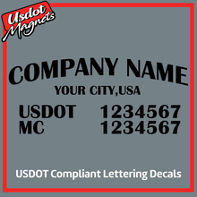 Load image into Gallery viewer, Arched Company Name with City, USDOT &amp; MC Lettering Decal Sticker (Set of 2)
