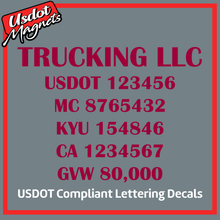 Load image into Gallery viewer, Trucking Name with USDOT, MC, KYU, CA &amp; GVW Number Lettering Decal (Set of 2)
