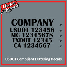 Load image into Gallery viewer, Company Name with USDOT, MC, TXDOT &amp; CA Number Decal Lettering (Set of 2)
