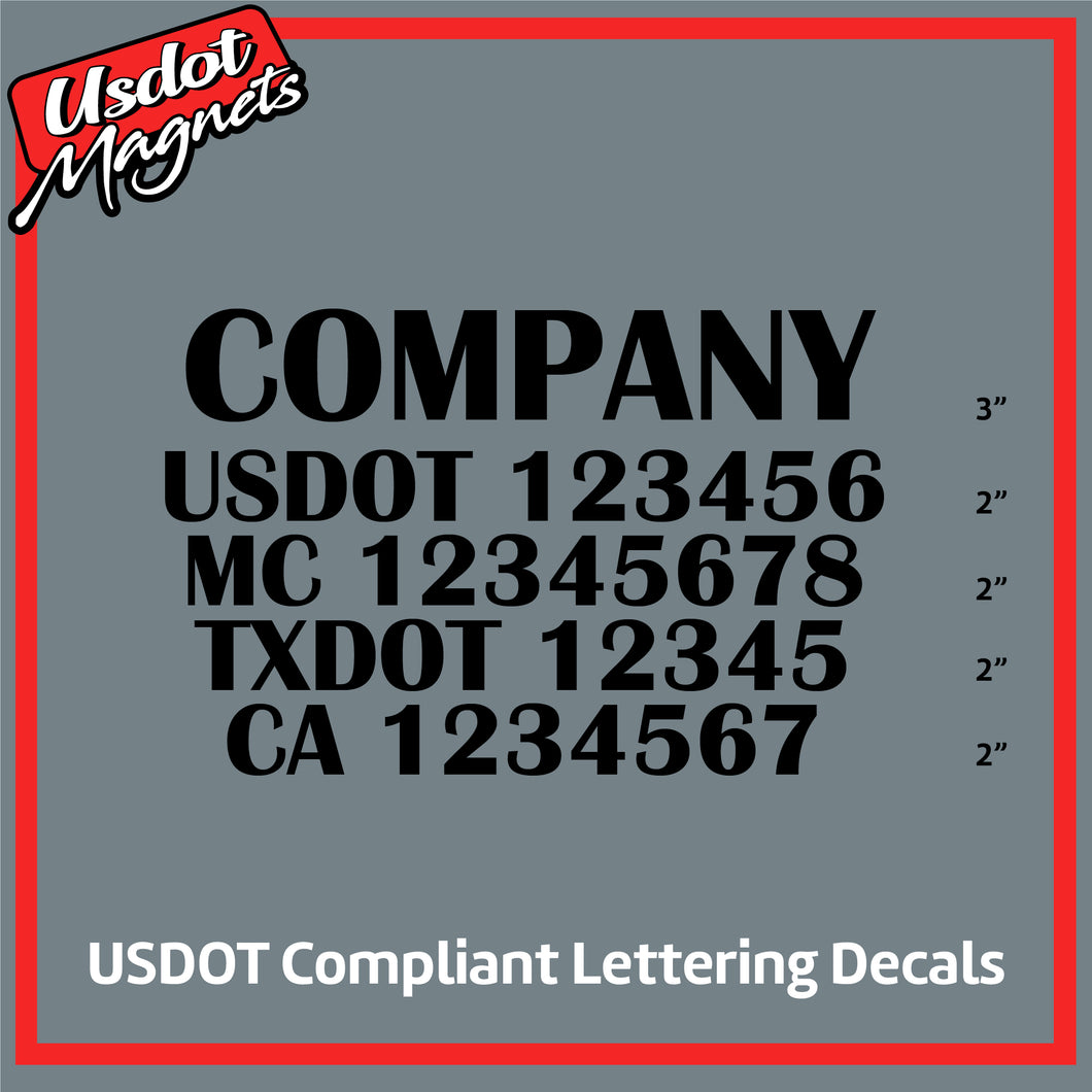 Company Name with USDOT, MC, TXDOT & CA Number Decal Lettering (Set of 2)