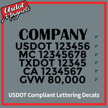 Load image into Gallery viewer, Company Name with USDOT, MC, TXDOT, CA &amp; GVW Number Sticker Decal (Set of 2)
