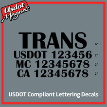 Load image into Gallery viewer, Transport Company Name with USDOT, MC &amp; CA Number Lettering Decal (Set of 2)
