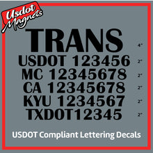 Load image into Gallery viewer, Transport Name with USDOT, MC, CA, KYU &amp; TXDOT Number Sticker Decal (Set of 2)
