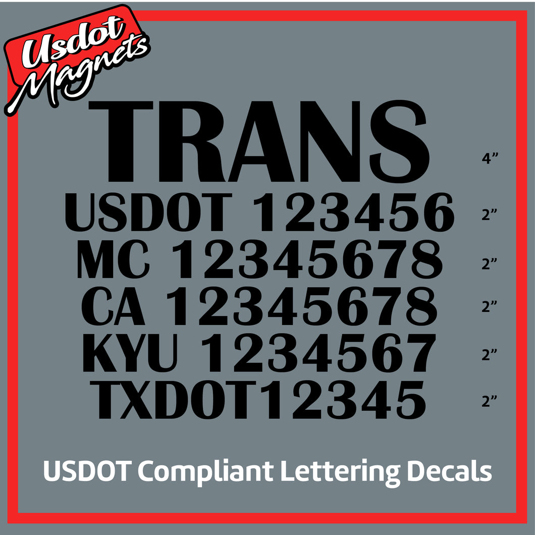 Transport Name with USDOT, MC, CA, KYU & TXDOT Number Sticker Decal (Set of 2)