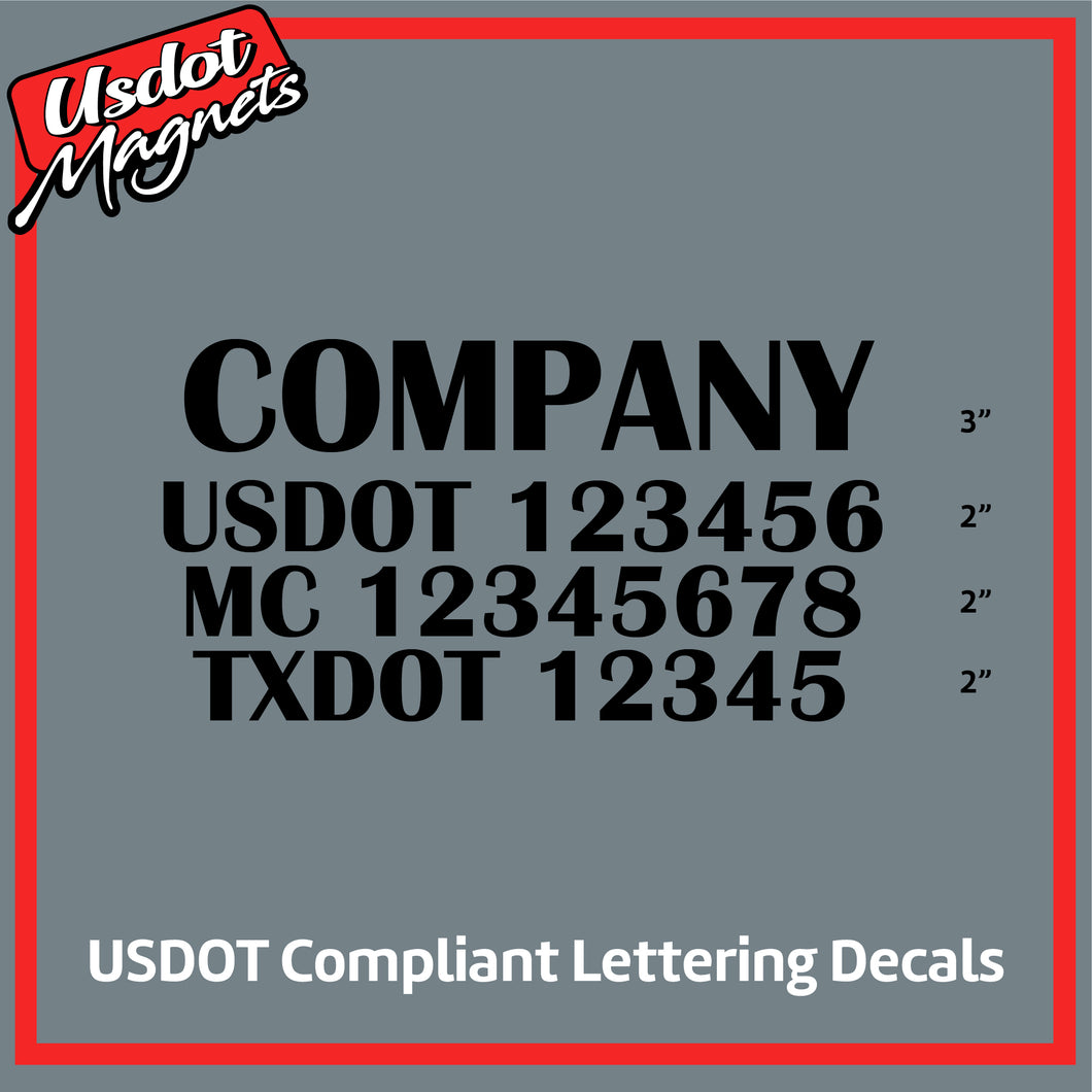 Company Name with USDOT, MC & TXDOT Number Decal Lettering (Set of 2)