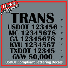 Load image into Gallery viewer, Transport Name with USDOT, MC, CA, KYU, TXDOT &amp; GVW Number Sticker Decal (Set of 2)
