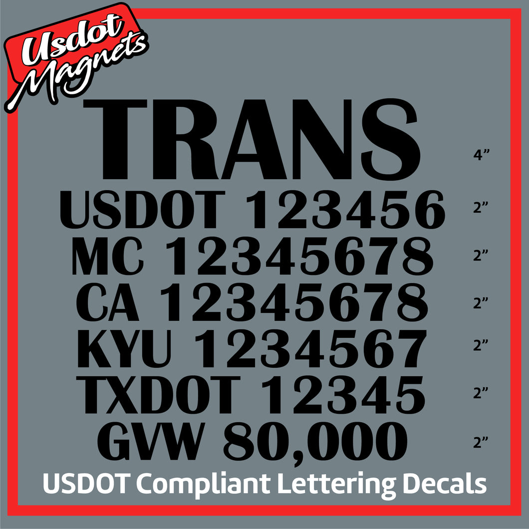 Transport Name with USDOT, MC, CA, KYU, TXDOT & GVW Number Sticker Decal (Set of 2)