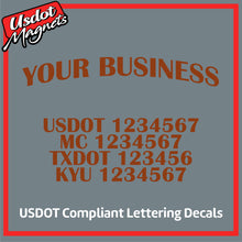 Load image into Gallery viewer, Arched Business Name with USDOT, MC, TXDOT &amp; KYU Number Decal Lettering (Set of 2)
