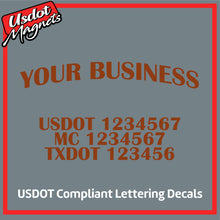 Load image into Gallery viewer, Arched Business Name with USDOT, MC &amp; TXDOT Number Sticker Decal (Set of 2)
