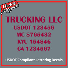 Load image into Gallery viewer, Trucking Business Name with USDOT, MC, KYU &amp; CA Number Decals (Set of 2)
