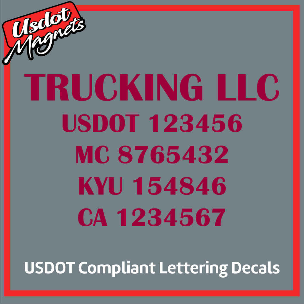 Trucking Business Name with USDOT, MC, KYU & CA Number Decals (Set of 2)