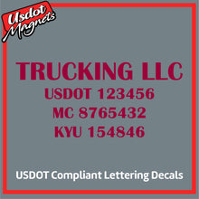 Load image into Gallery viewer, Trucking Business Name with USDOT, MC &amp; KYU Lettering Decal Sticker (Set of 2)
