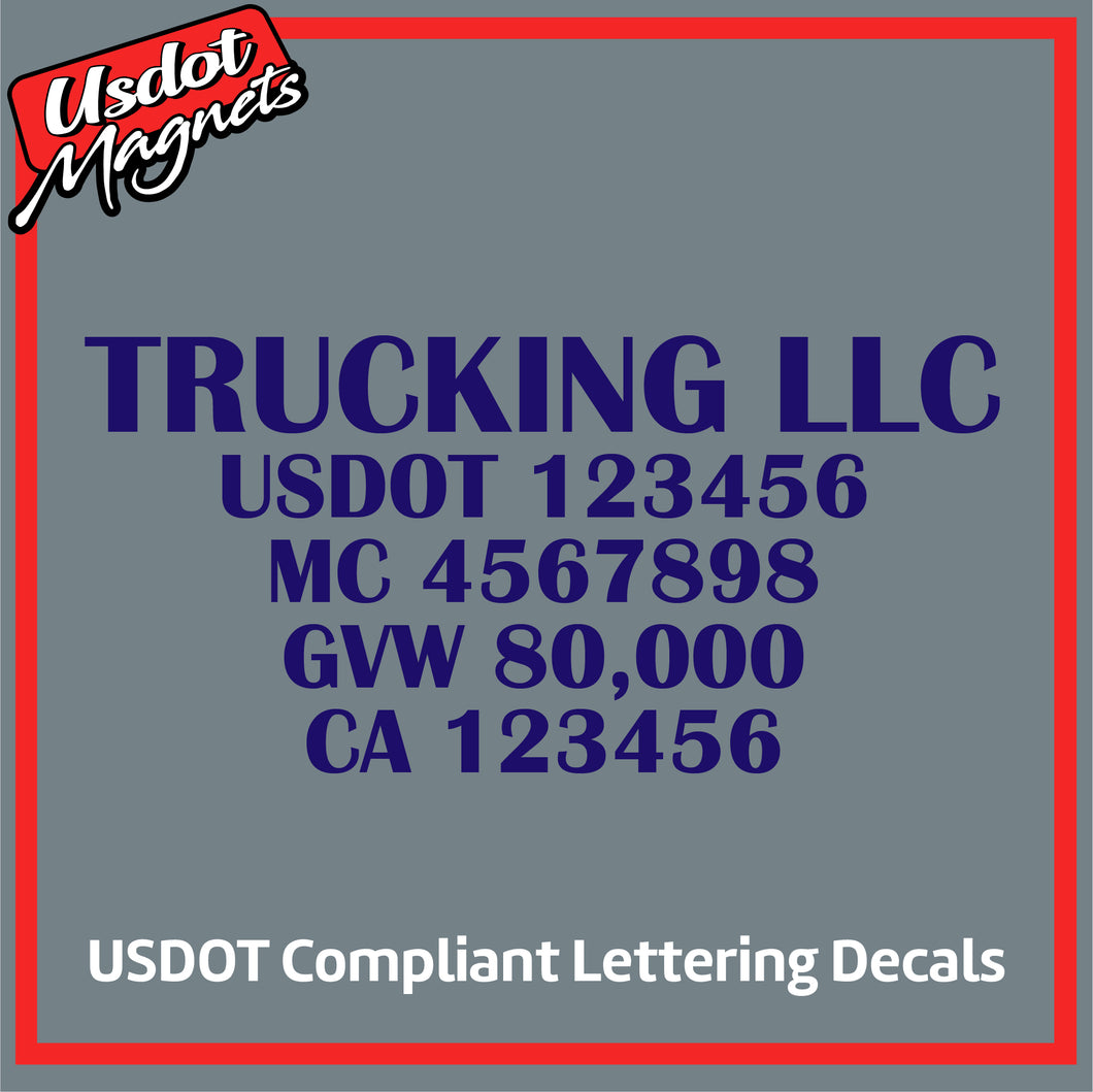 Trucking Business Name with US DOT, MC, GVW & CA Lettering Decal (Set of 2)