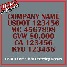 Load image into Gallery viewer, Company Name with USDOT, MC, GVW, CA &amp; KYU Number Decal Sticker (Set of 2)
