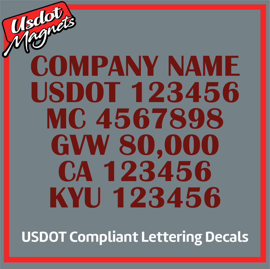 Company Name with USDOT, MC, GVW, CA & KYU Number Decal Sticker (Set of 2)