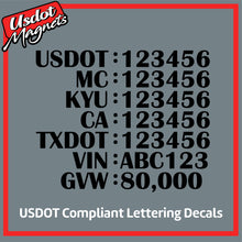 Load image into Gallery viewer, USDOT, MC, KYU, CA, TXDOT, VIN &amp; GVW Number Sticker Decal Lettering (Set of 2)
