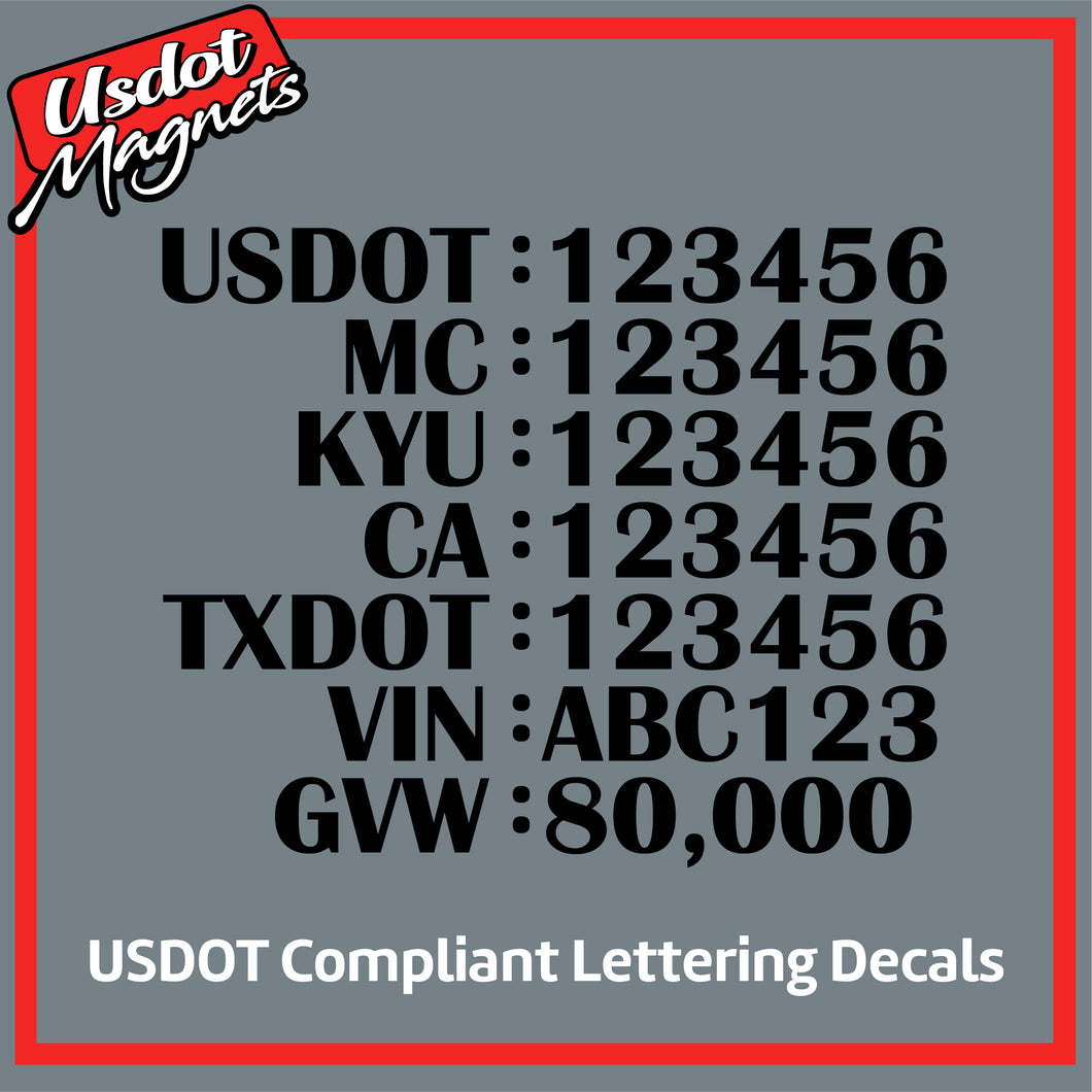 USDOT, MC, KYU, CA, TXDOT, VIN & GVW Number Sticker Decal Lettering (Set of 2)