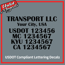 Load image into Gallery viewer, Transport Name with City, USDOT, MC, KYU &amp; CA Number Decal Lettering (Set of 2)
